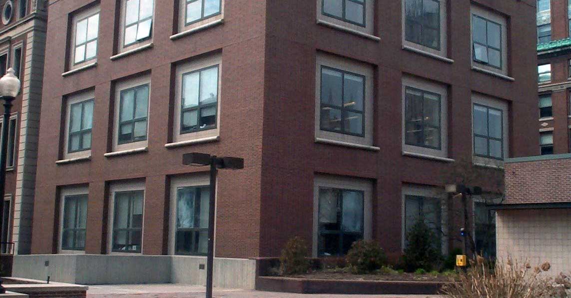 A view of the exterior of Havemeyer Extension, a rectangle brick building