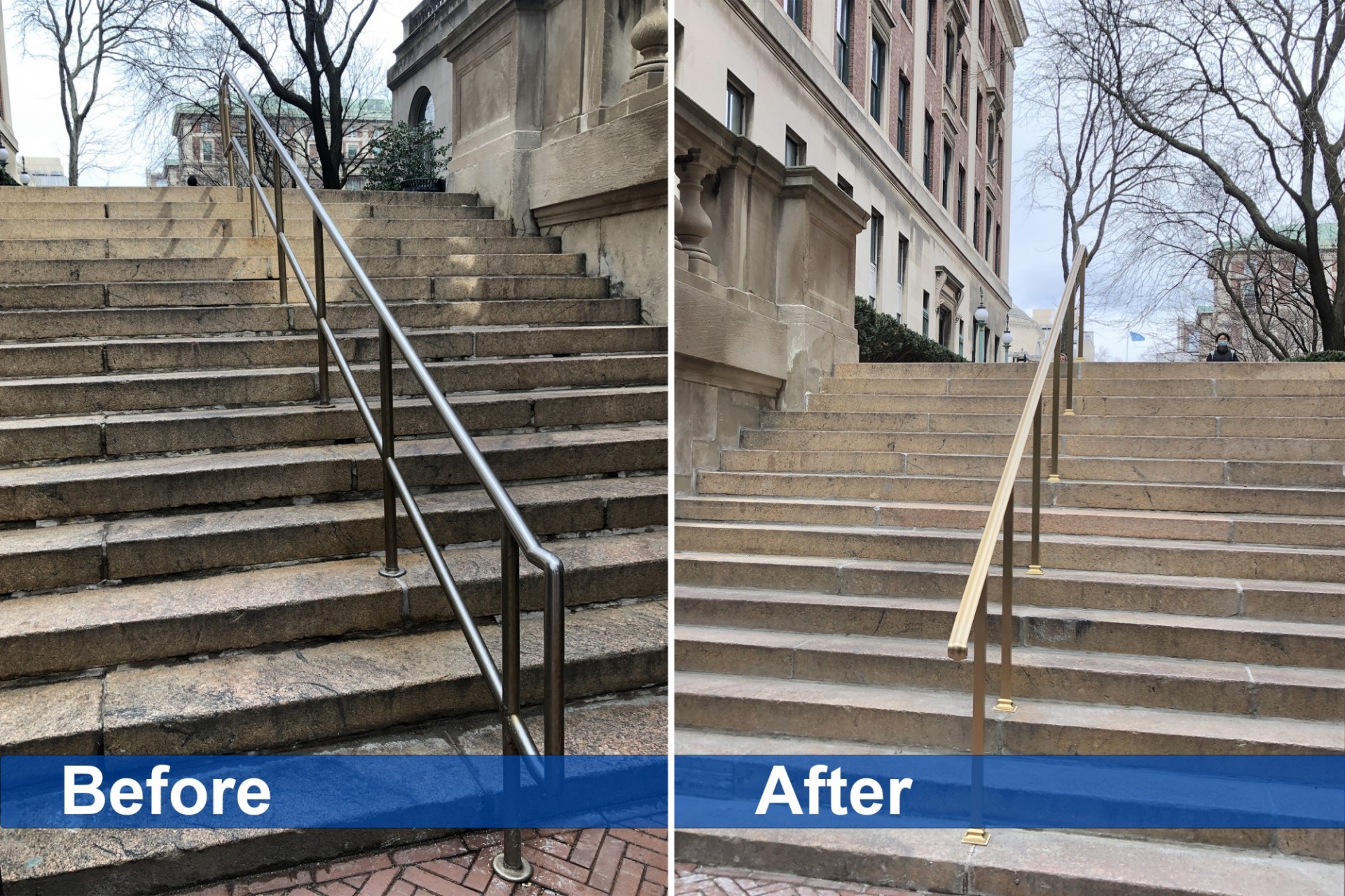 The handrails and the granite steps were replaced at the 114th Street entrances near Carman and John Jay Halls to provide a more comfortable walking experience. Before and after photos of the granite step renovation and handrail replacement at the 114th Street entrance