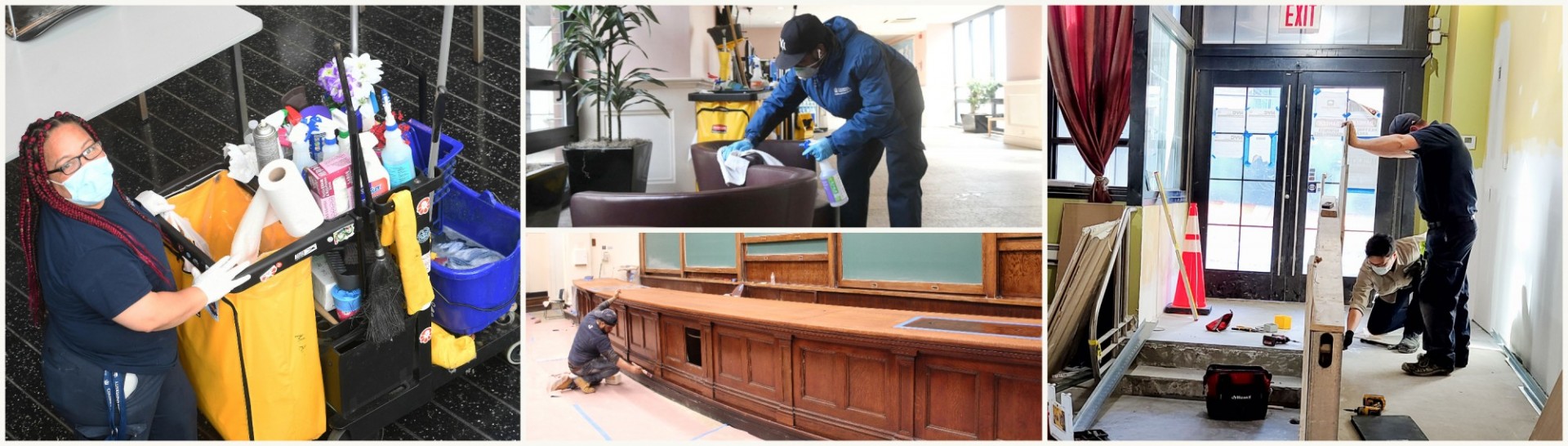 A collage of photos from Facilities and Operations custodial and trade shop teams