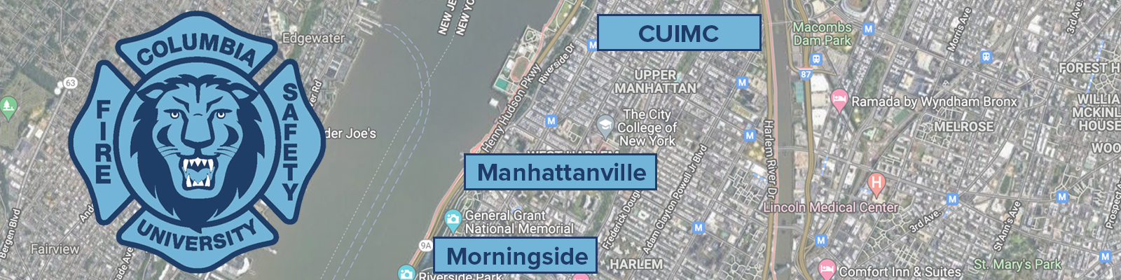 Map of upper manhattan with CU Fire Safety badge overlaid.