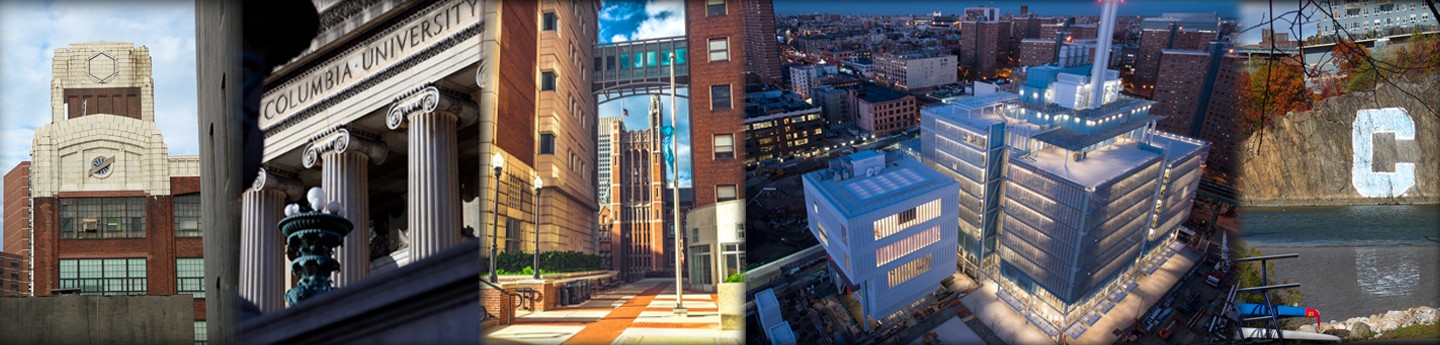 A collage of buildings from across Columbia's campuses - Studebaker Hall, Low Library, Schapiro Hall, the Manhattanville campus, and the athletics complex.