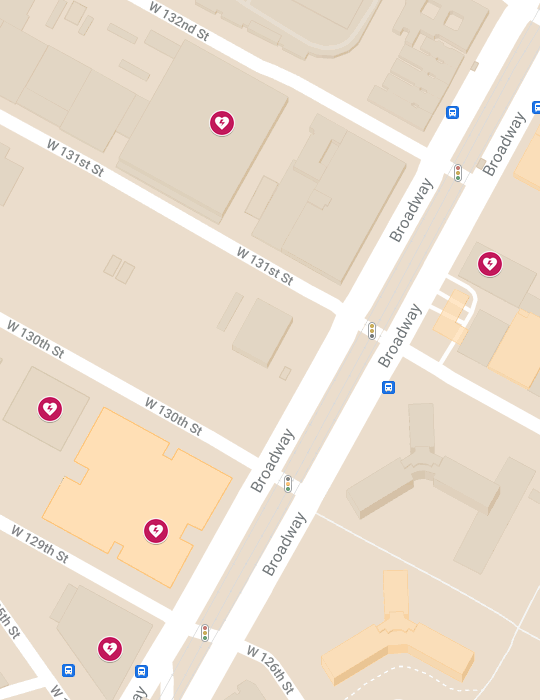 A screenshot of a Google map that lists AED locations at the Manhattanville campus