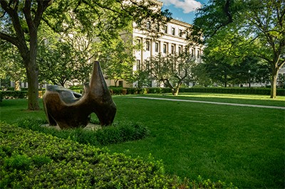 A view of the Mathematics Lawn with a Henry Moore sculpture on it