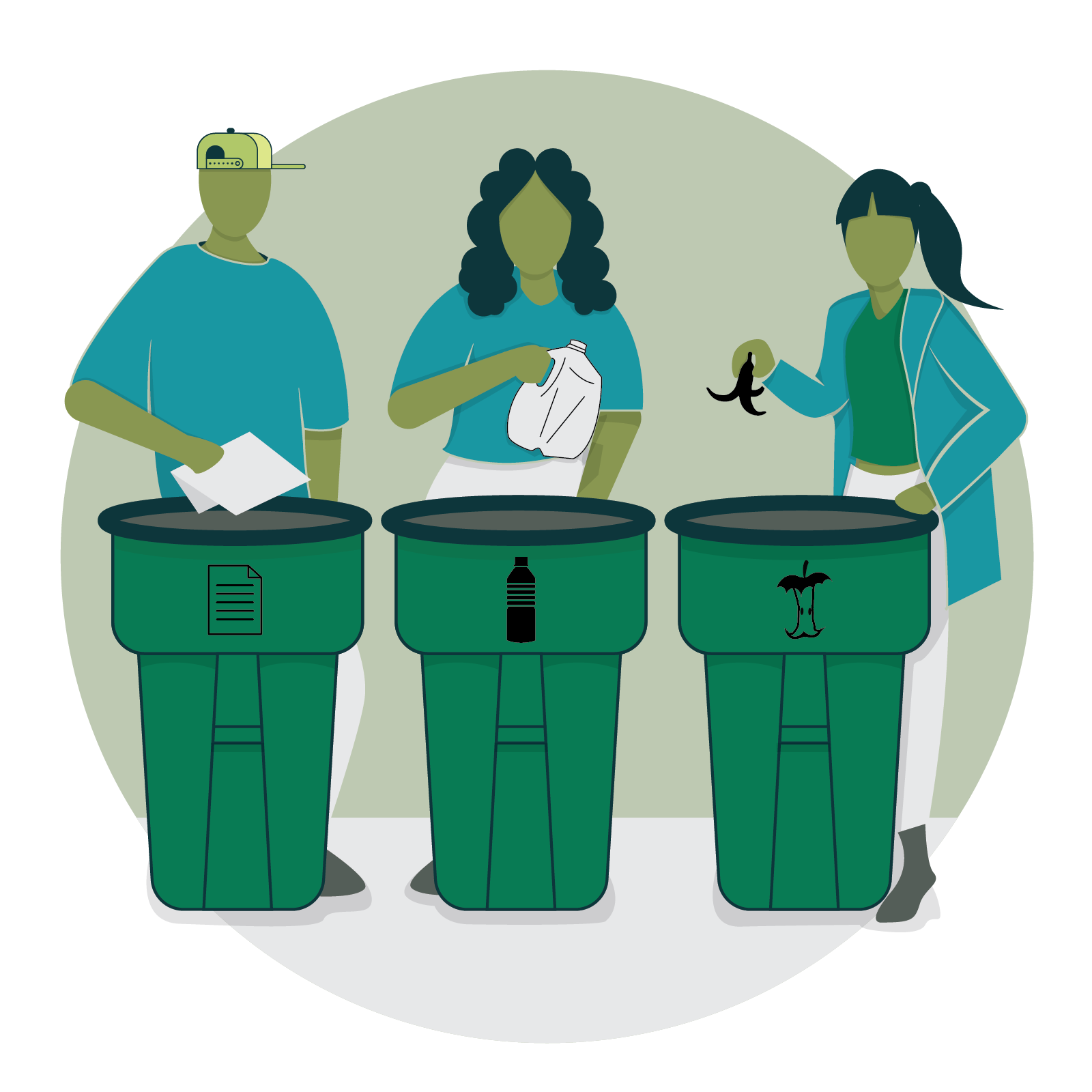 A group of people recycling into appropriate bins