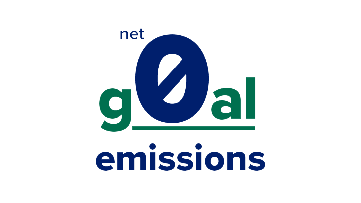 A blue and green graphic that says, "goal net 0 emissions"