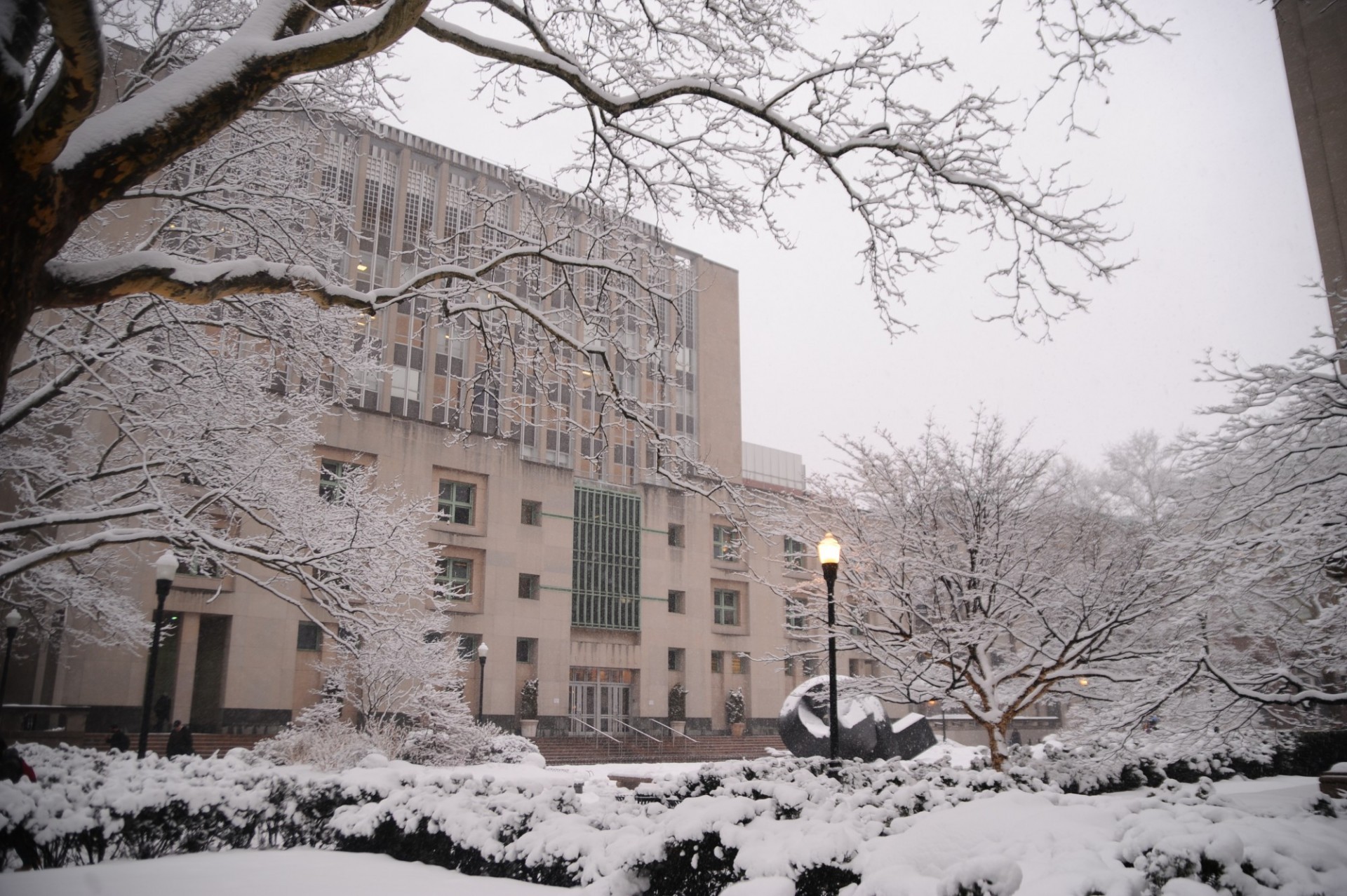 Uris Hall during a snowy day.