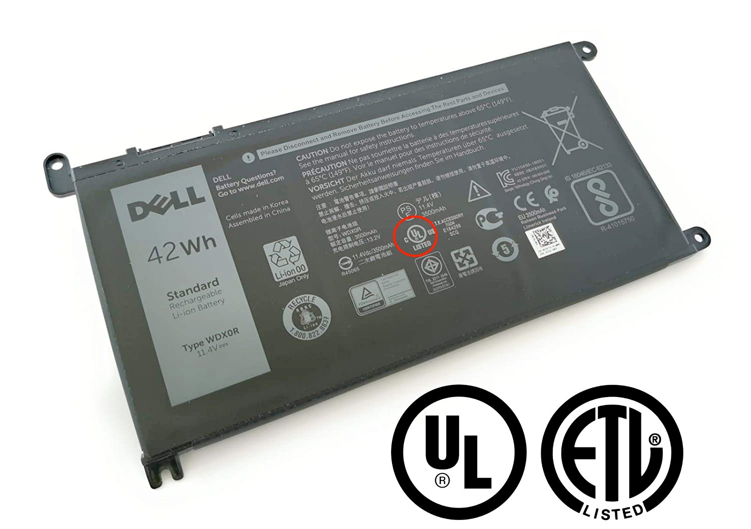 A Dell laptop battery that is UL certified, with UL and ETL logos underneath.