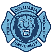 A blue fire safety logo with a lion in the middle.