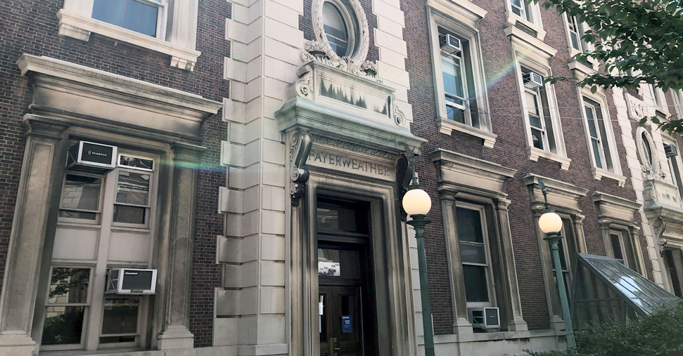 A view of the entrance to Fayerweather Hall, a Beaux Arts building