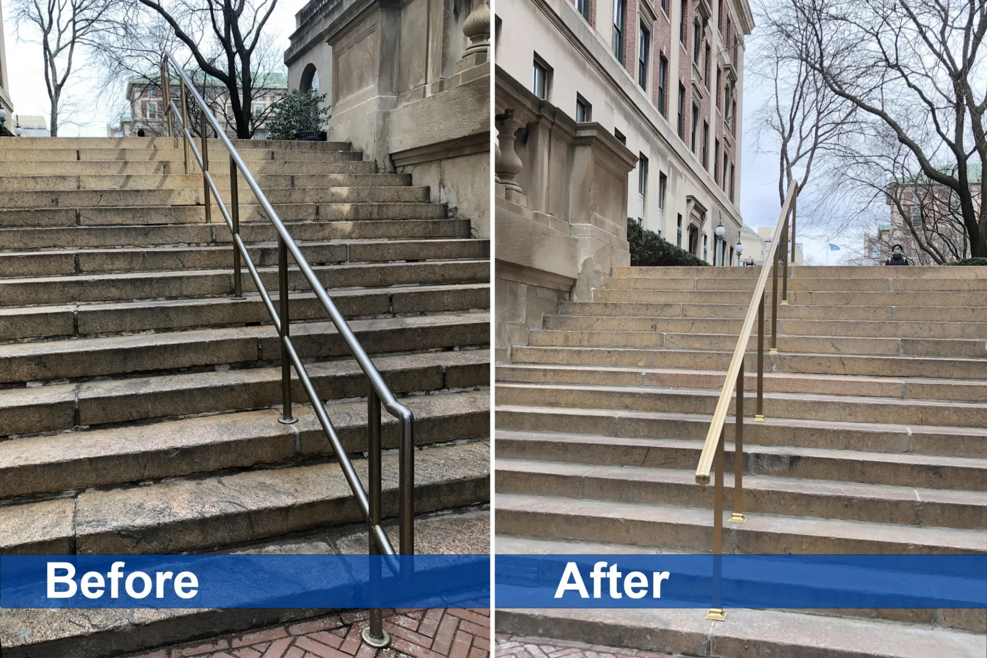Before and after photos of the granite step renovation and handrail replacement at the 114th Street entrance  