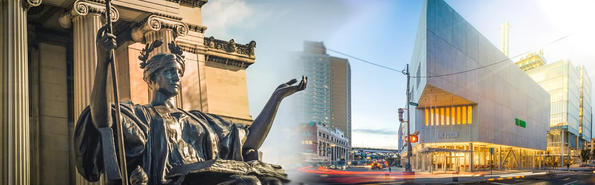 A photo that shows on the left the statue of Alma Mater, and on the right, the exterior of The Forum. Both are from Columbia University's campus.