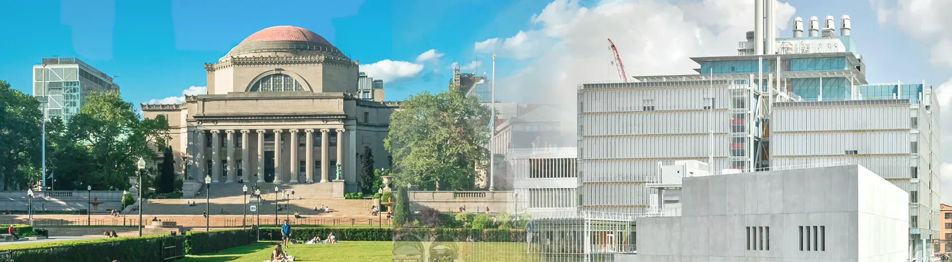 A collage of two images showing Low Library on Morningside Campus and The Forum and Jerome L. Greene Science Center on Manhattanville Campus.