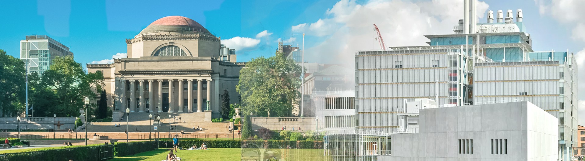 A collage of two images showing Low Library on Morningside Campus and The Forum and Jerome L. Greene Science Center on Manhattanville Campus.