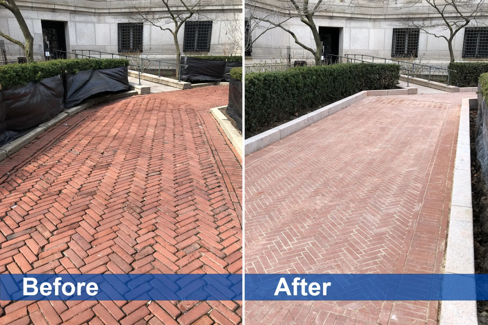 Before and after photos of the brick paver replacement at the northeast entrance to Low Library 