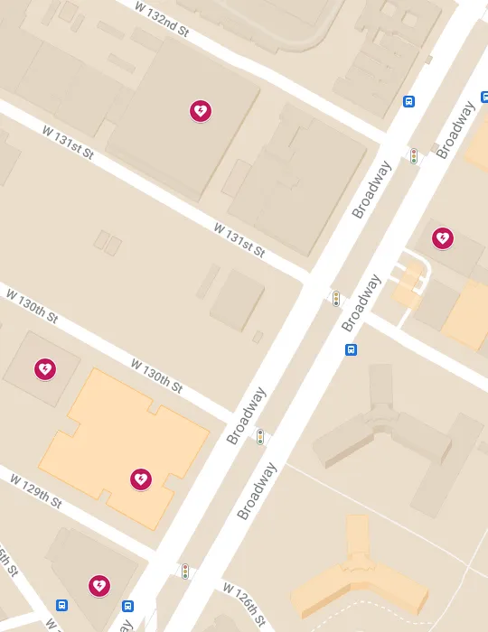 A screenshot of a Google map that lists AED locations at the Manhattanville campus