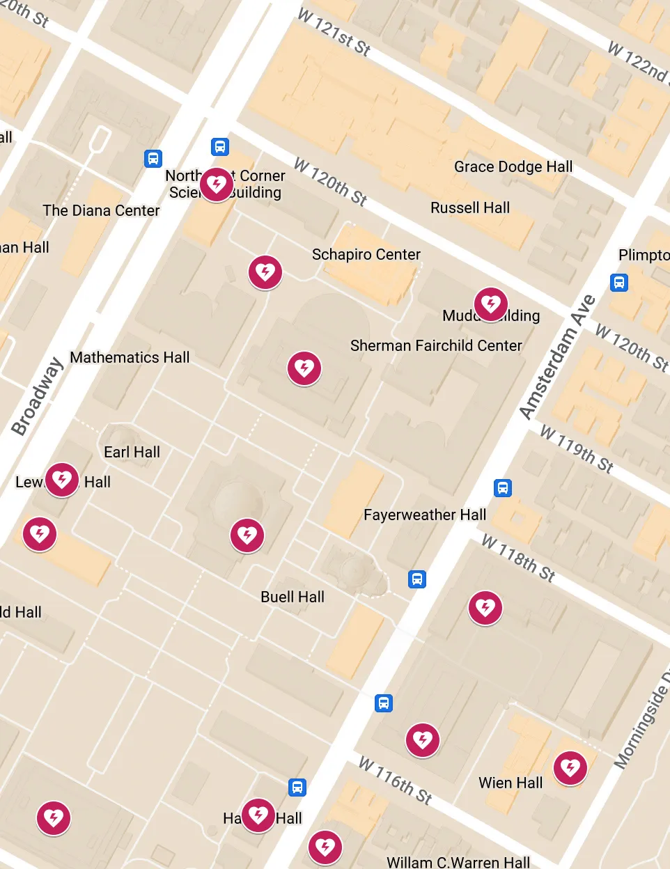 A screenshot of a Google map depicting AED locations