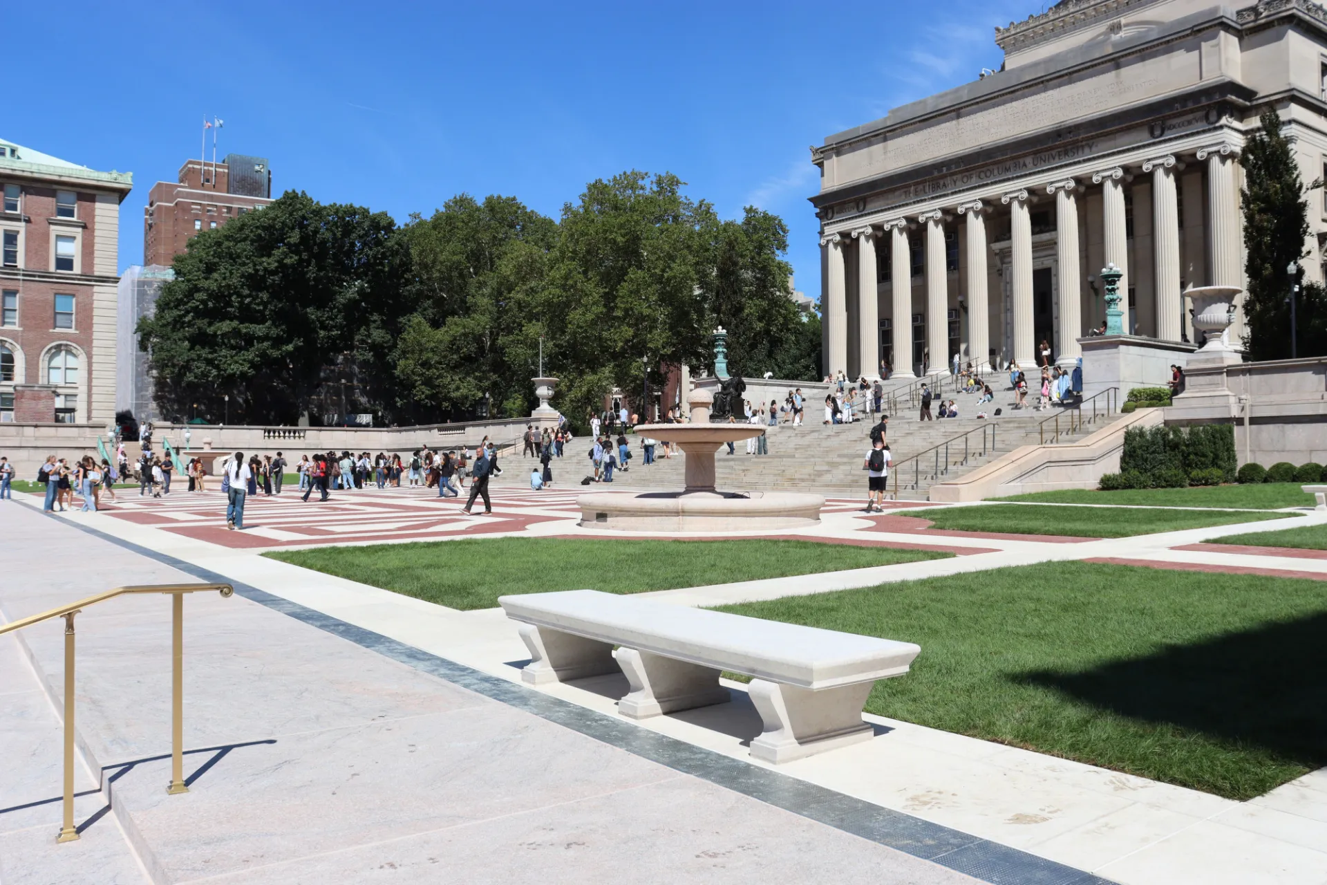 A view of the restored plaza with Low Library in the background.