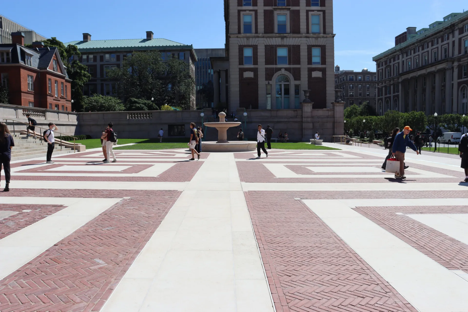A view of Low Plaza's long limestone assemblies, with Kent Hall in the background.