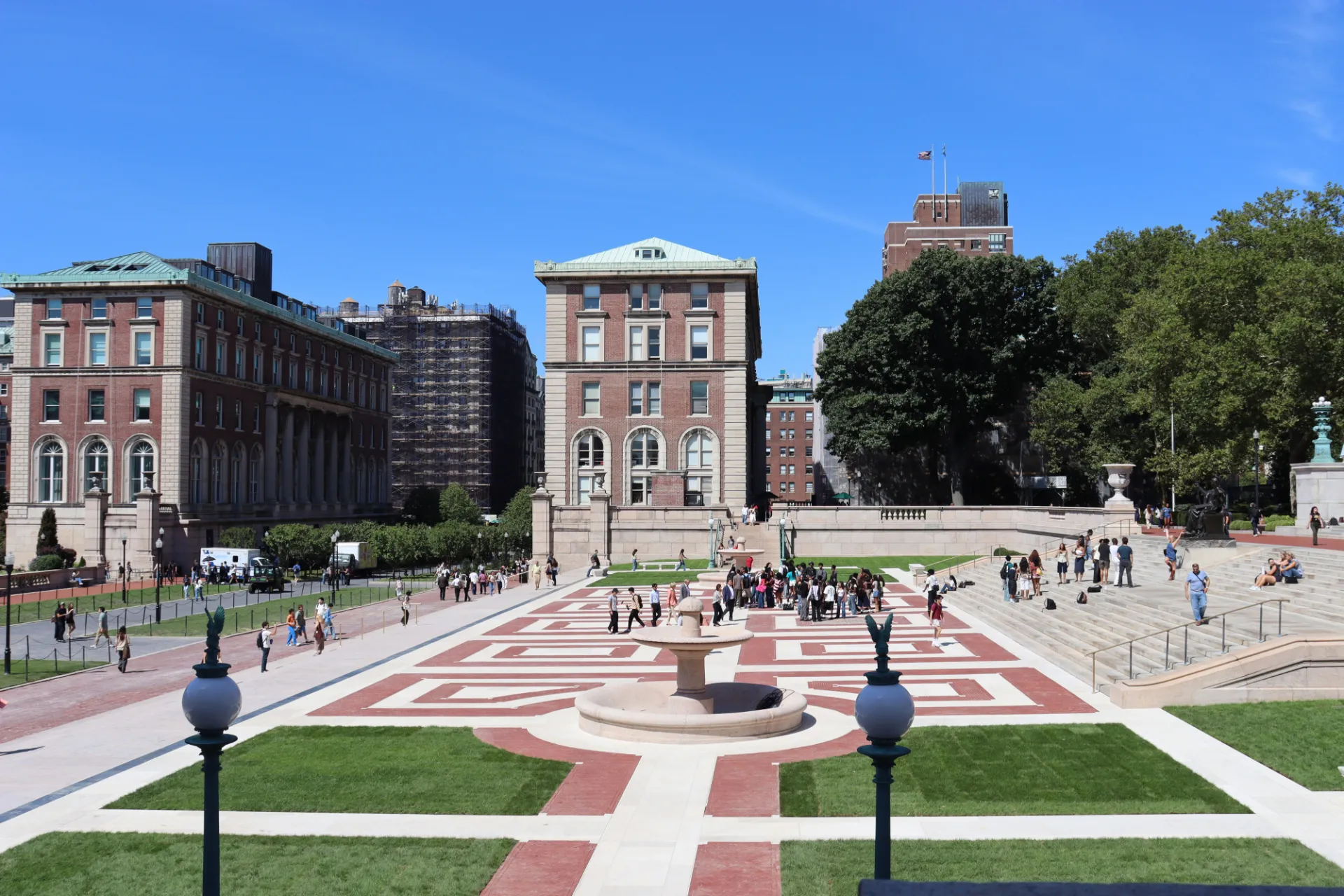 A view of the restored Low Plaza from the steps leading to Kent Plaza on a sunny day.