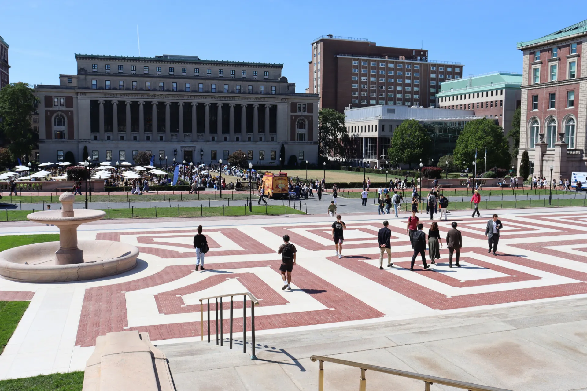 A view of the newly restored Low Plaza looking upon College Walk, South Lawn, and Butler Library.