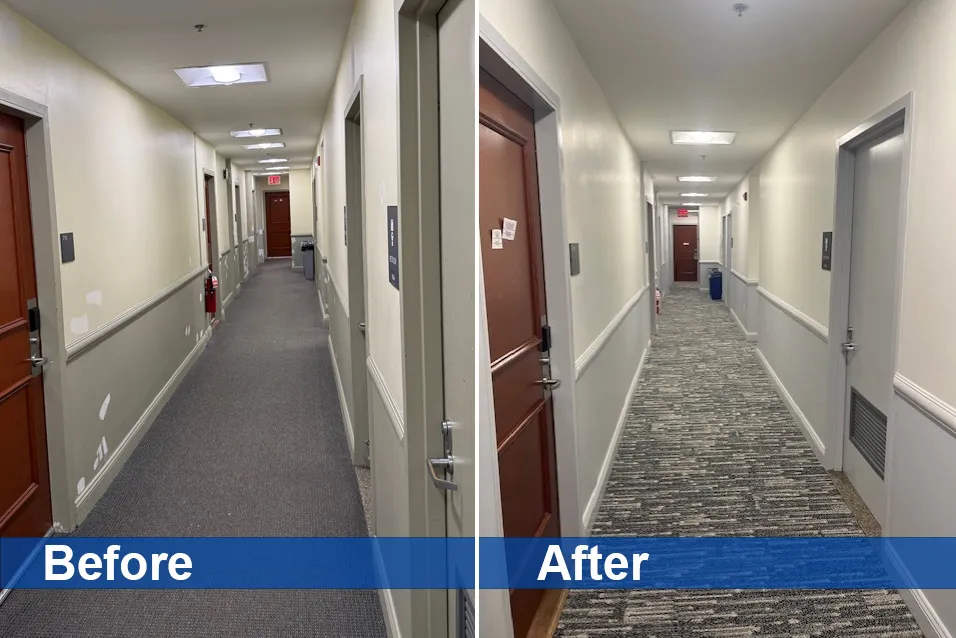 Before and after photos of a McBain hallway, showing a refreshed hallway with new carpeting and paint.