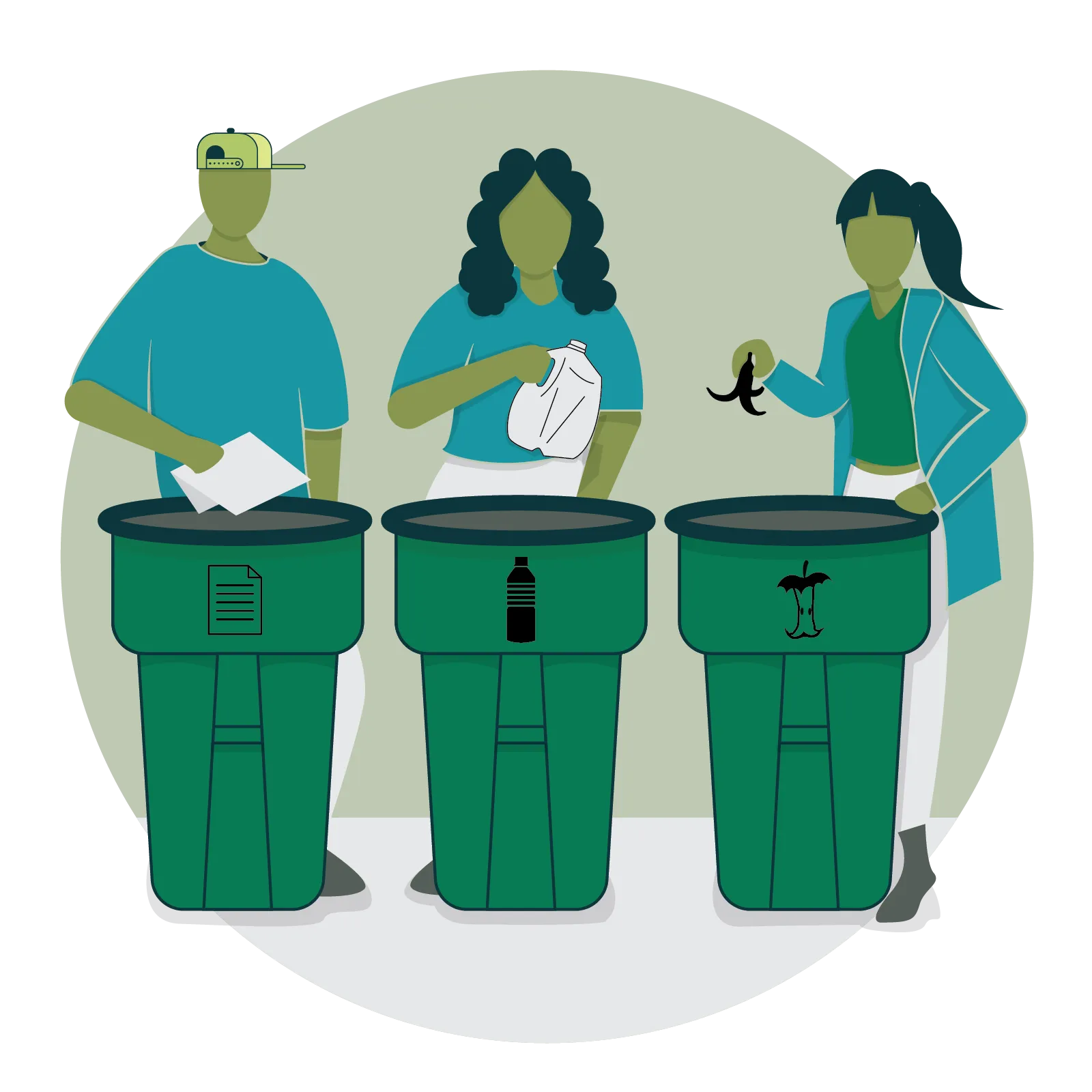 A group of people recycling into appropriate bins