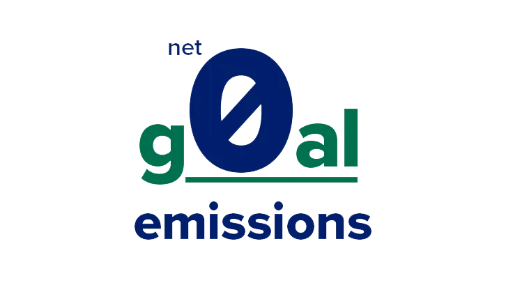 A blue and green graphic that says, "goal net 0 emissions"