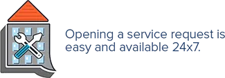 Building icon with wrench and screwdriver across the door. Opening a Service Request is easy and available 24x7.