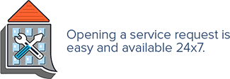 Building icon with wrench and screwdriver across the door. Opening a Service Request is easy and available 24x7.